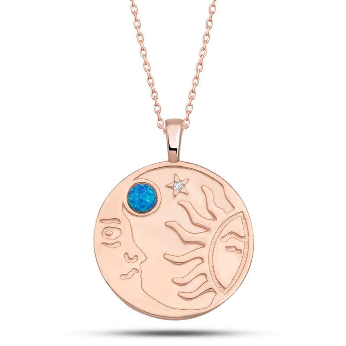 Gümüş Rose Opal Mavi Taşlı Ay Güneş Kadın Kolye