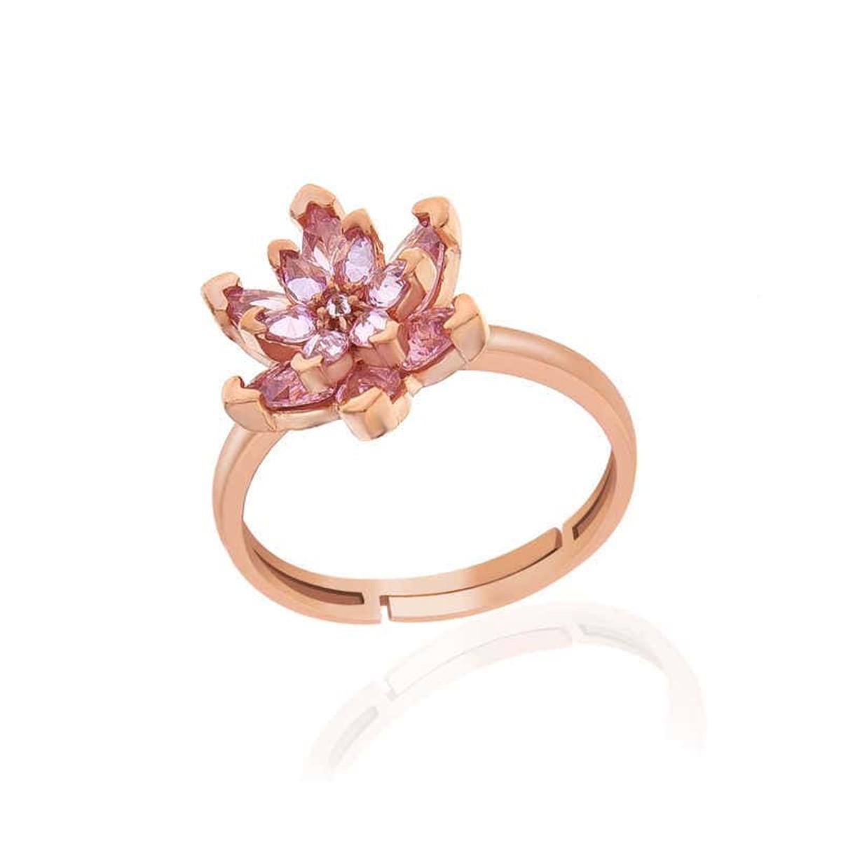 Gümüş Rose Pembe Taşlı Lotus Çiçeği Kadın Yüzük