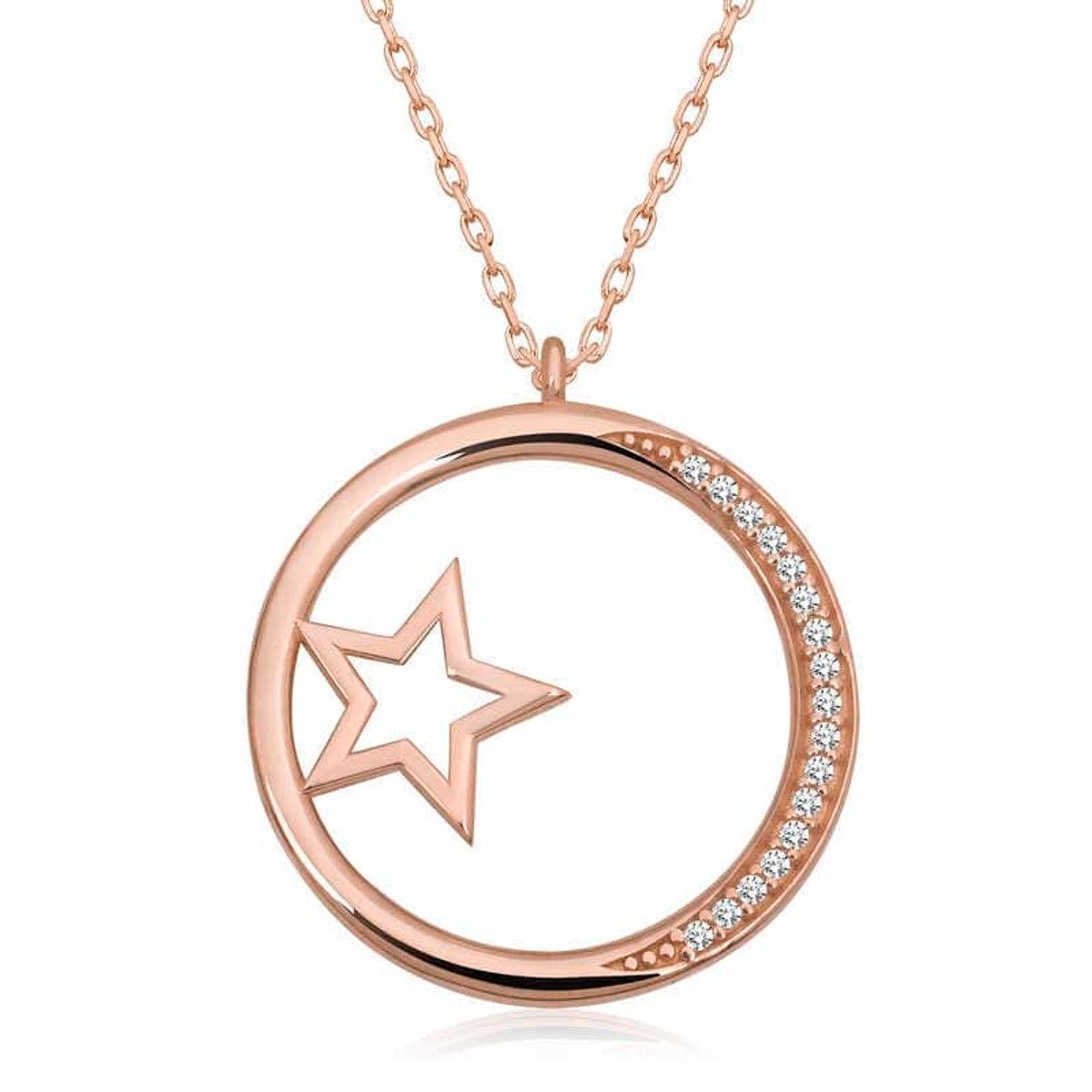 Gümüş Rose Yıldız Detaylı Halka Kadın Kolye